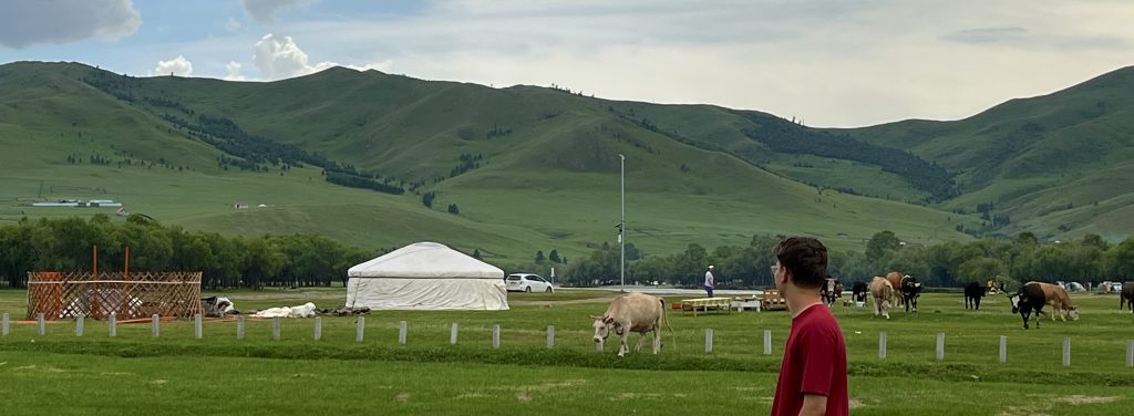 The author, Aaron Ruohoniemi, looking out over a Mongolian landscape with cows and a Ger.